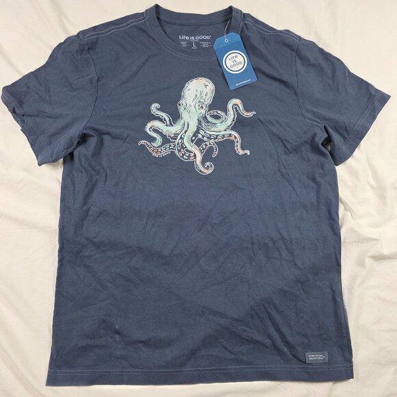 Life Is Good Octopus Mens Large Blue T Shirt Graphic Short Sleeve Crewneck - Picture 1 of 11
